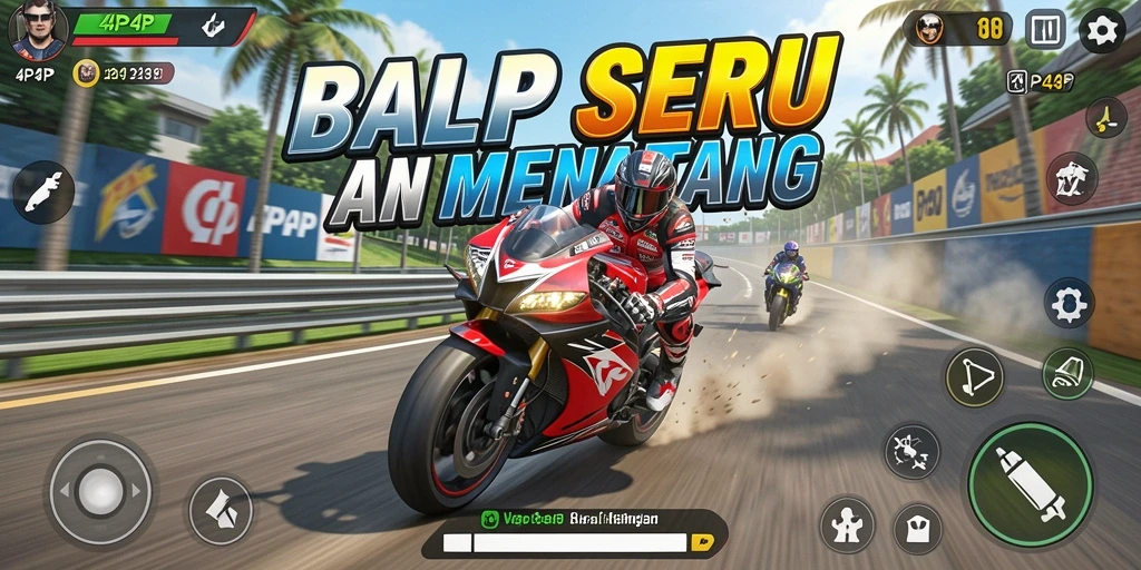 Tangkapan layar utama dari gameplay balap motor yang mendebarkan.