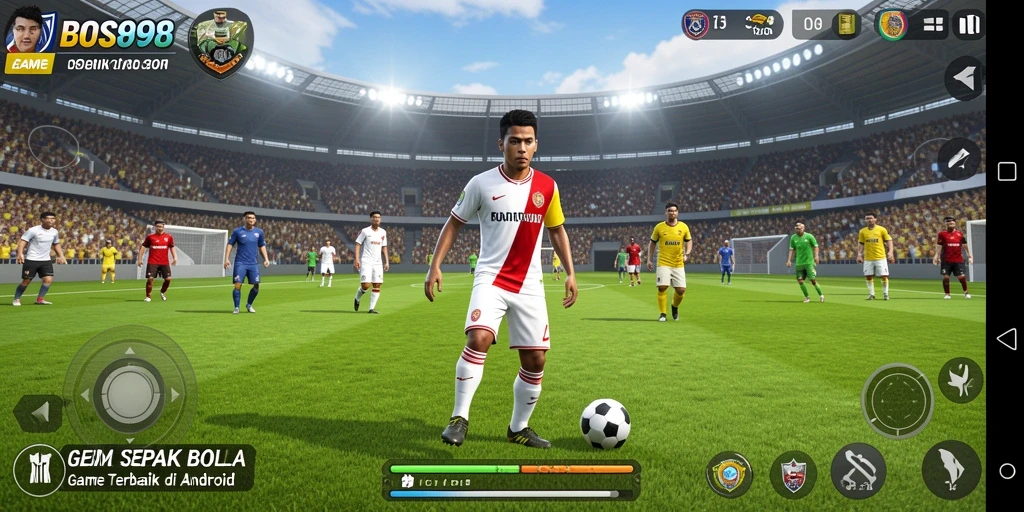Tampilan gameplay seru dengan aksi sepak bola yang intens.