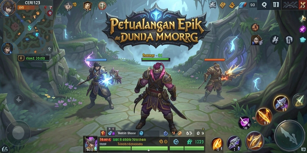 Screenshot gameplay CERI123 menampilkan pertarungan seru antar pemain di dunia fantasi.